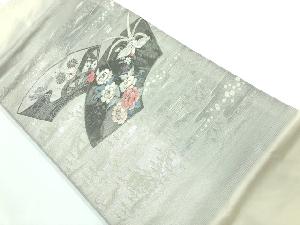 リサイクル　地紙に花・鳳凰模様刺繍名古屋帯